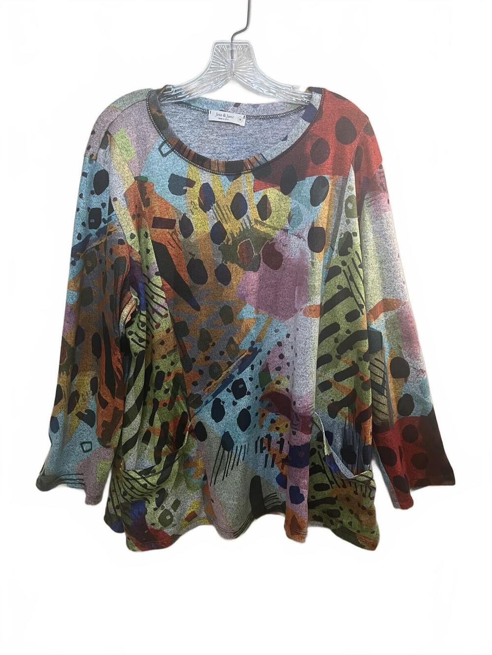 Jess & Jane Polka Dot Pop Tunic Art Print Knit Top Pockets Plus 1X
